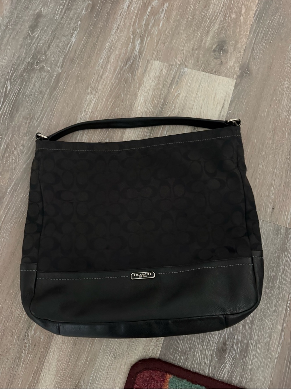 Coach Black Signature Shoulder Bag with Leather Trim